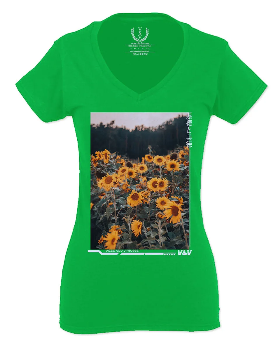 Aesthetic Cute Floral Sunflower Botanical Print Graphic Fashion For Women V neck fitted T Shirt