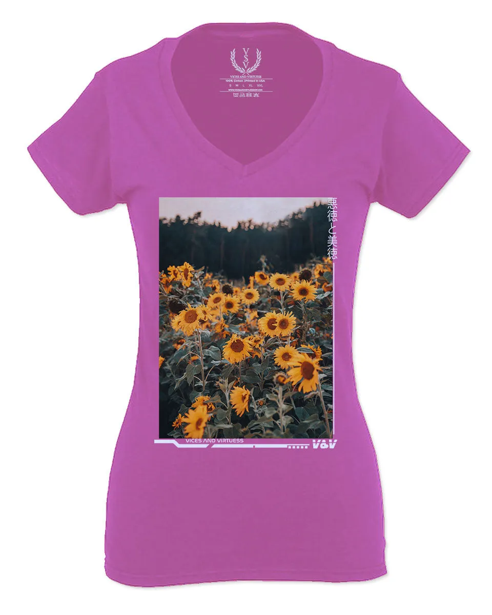 Aesthetic Cute Floral Sunflower Botanical Print Graphic Fashion For Women V neck fitted T Shirt