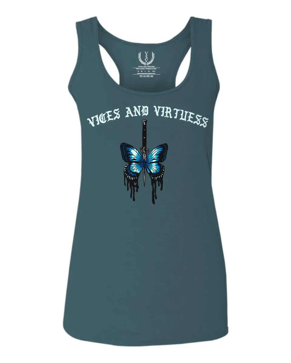 Aesthetics Summer Cool Print cute blue Butterfly knife tattoo Graphic  women's Tank Top sleeveless Racerback