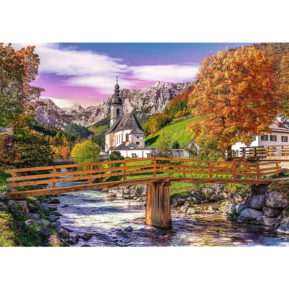 Bavaria in Autumn, German Landscape Puzzle with the Alps, Village and River