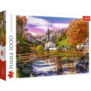 Bavaria in Autumn, German Landscape Puzzle with the Alps, Village and River