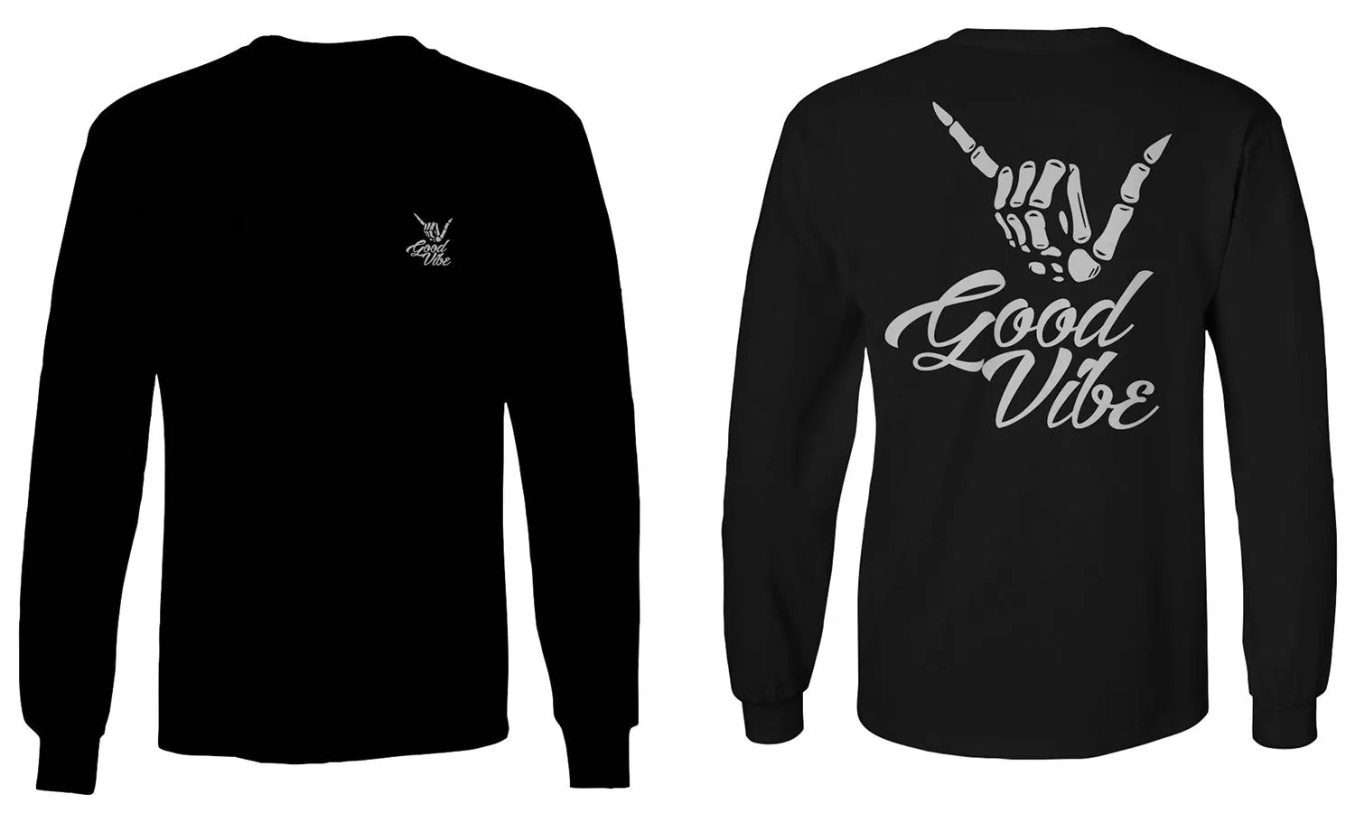 Front and Back Good Vibe Bones Hand Shaka Cool Vintage Hipster Graphic mens Long sleeve t shirt