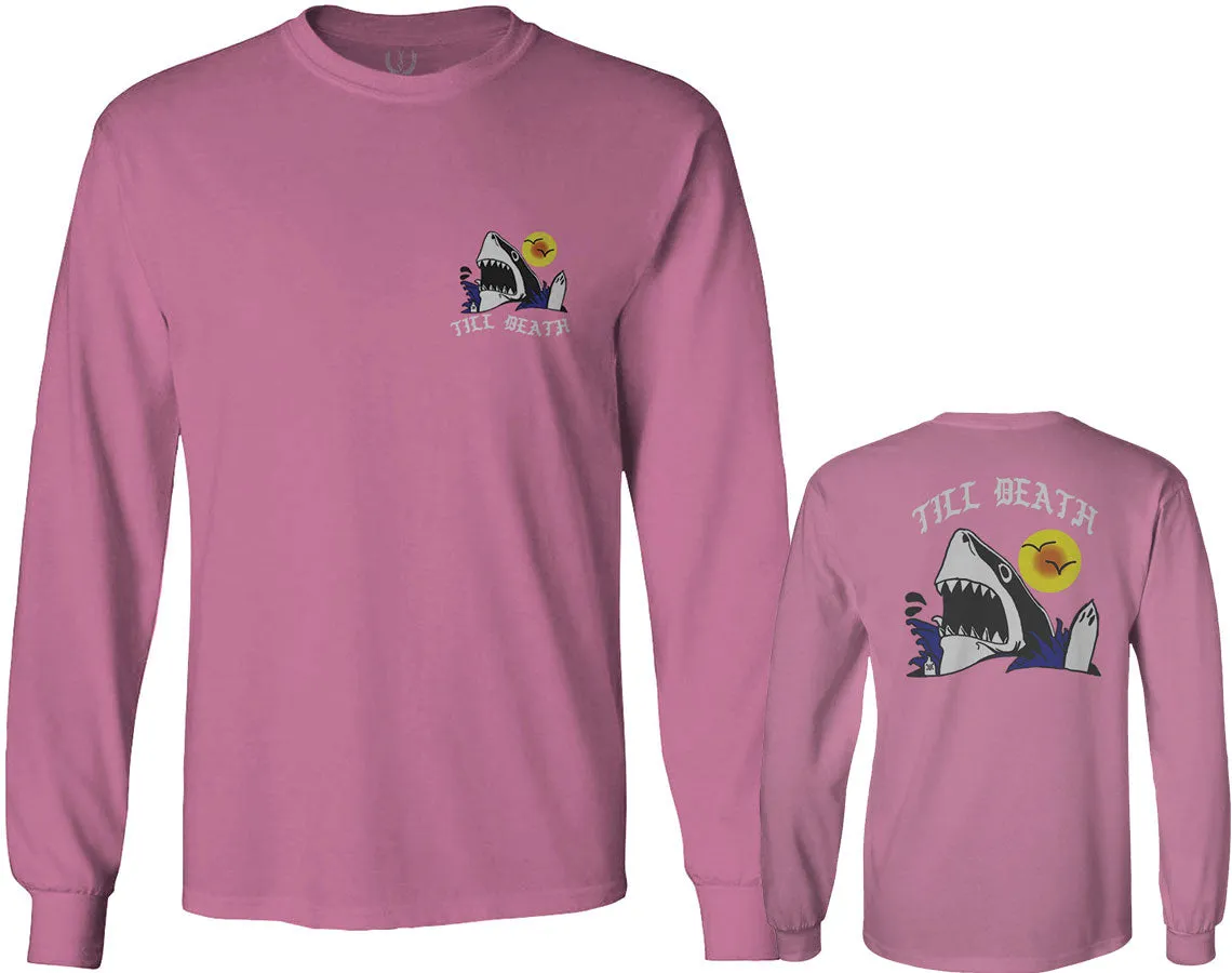 Front and Back Shark Summer Vibe Cool Graphic Surf Till Death Obei Society mens Long sleeve t shirt