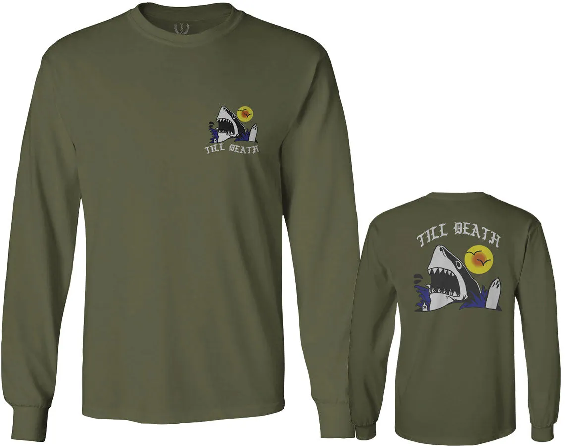 Front and Back Shark Summer Vibe Cool Graphic Surf Till Death Obei Society mens Long sleeve t shirt