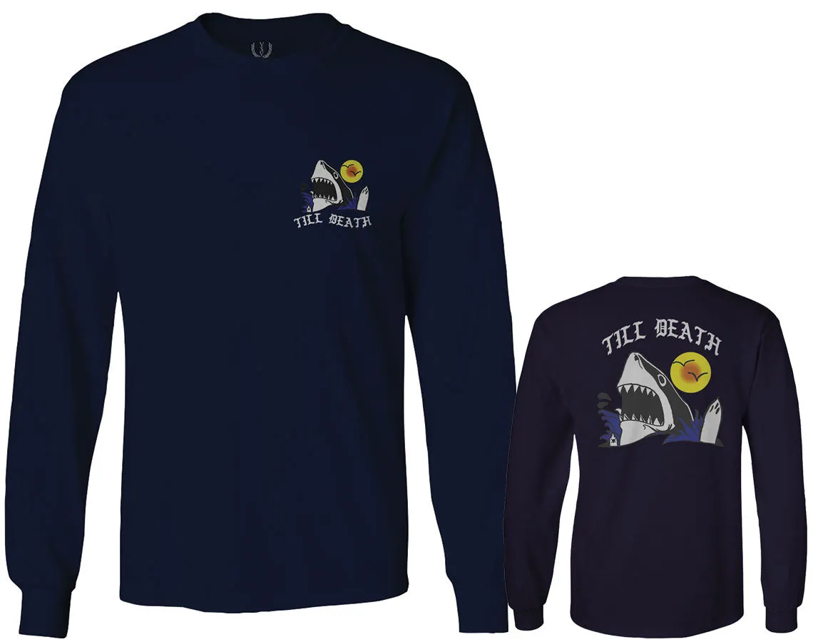 Front and Back Shark Summer Vibe Cool Graphic Surf Till Death Obei Society mens Long sleeve t shirt