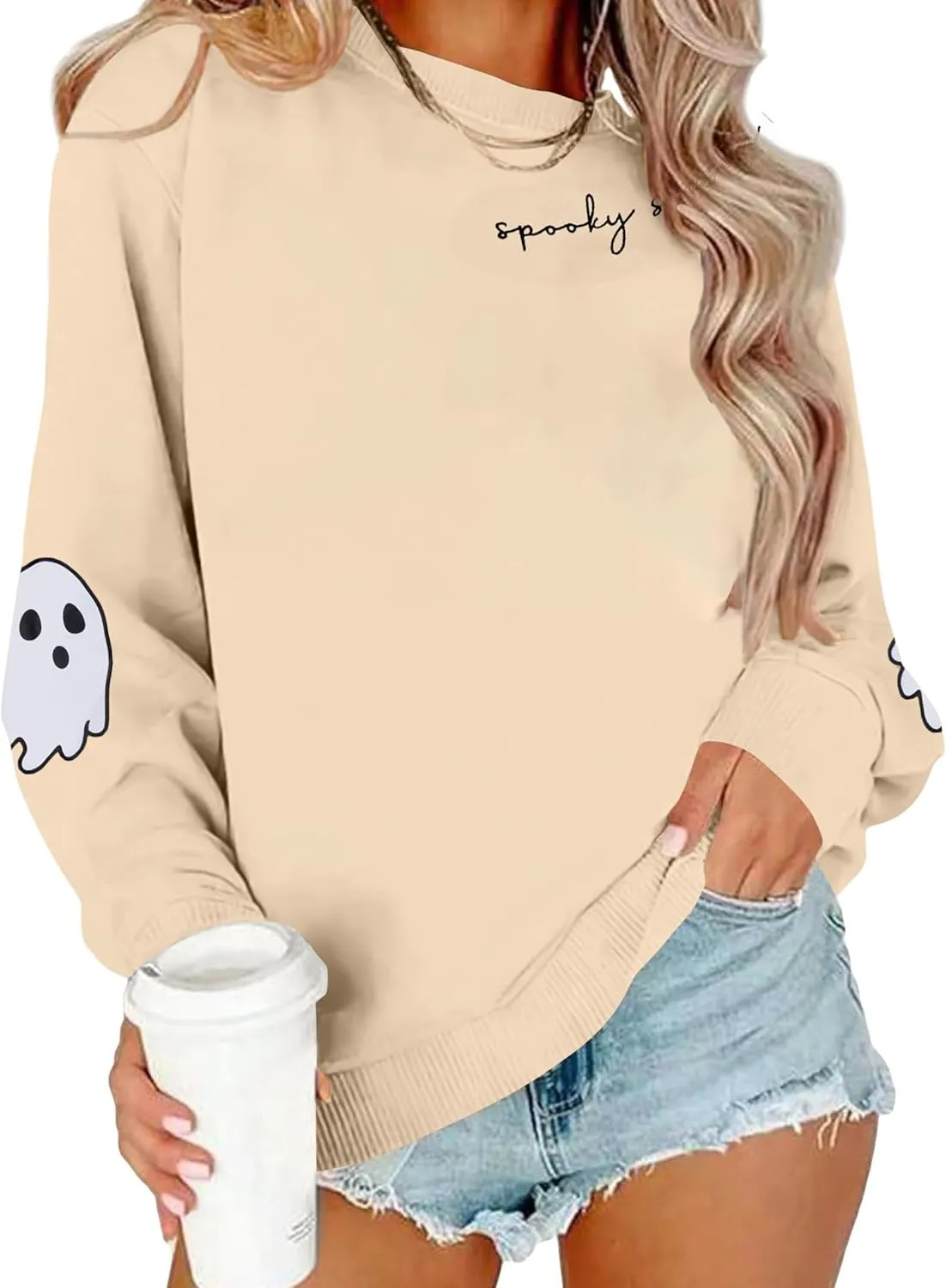 Halloween Sweatshirts for Women Spooky Season Long Sleeve Shirts Cute Ghost Graphic Halloween Sweater Pullover Top
