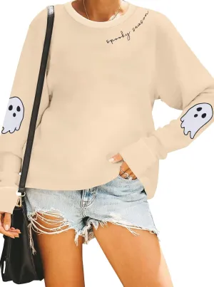Halloween Sweatshirts for Women Spooky Season Long Sleeve Shirts Cute Ghost Graphic Halloween Sweater Pullover Top