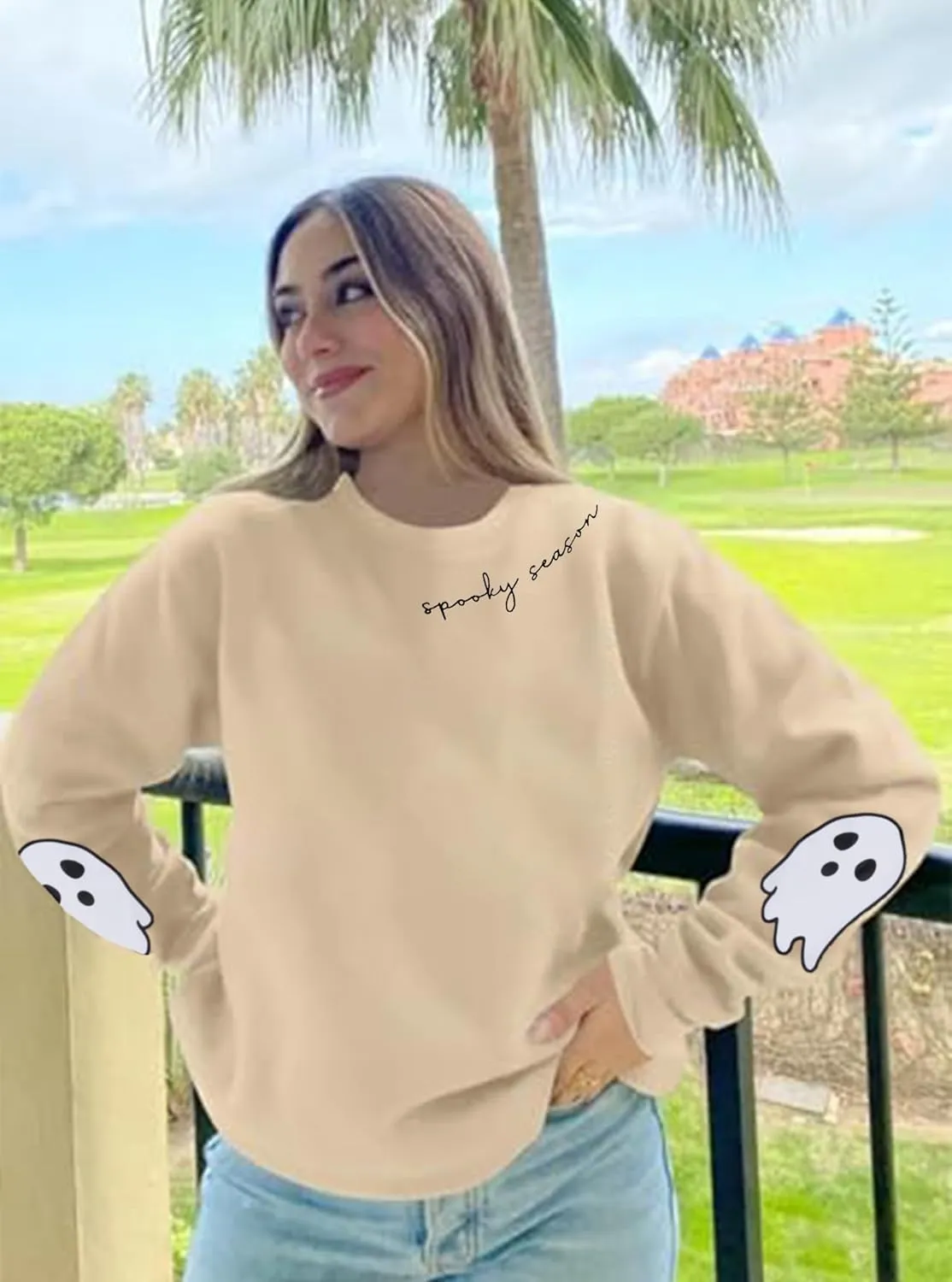 Halloween Sweatshirts for Women Spooky Season Long Sleeve Shirts Cute Ghost Graphic Halloween Sweater Pullover Top