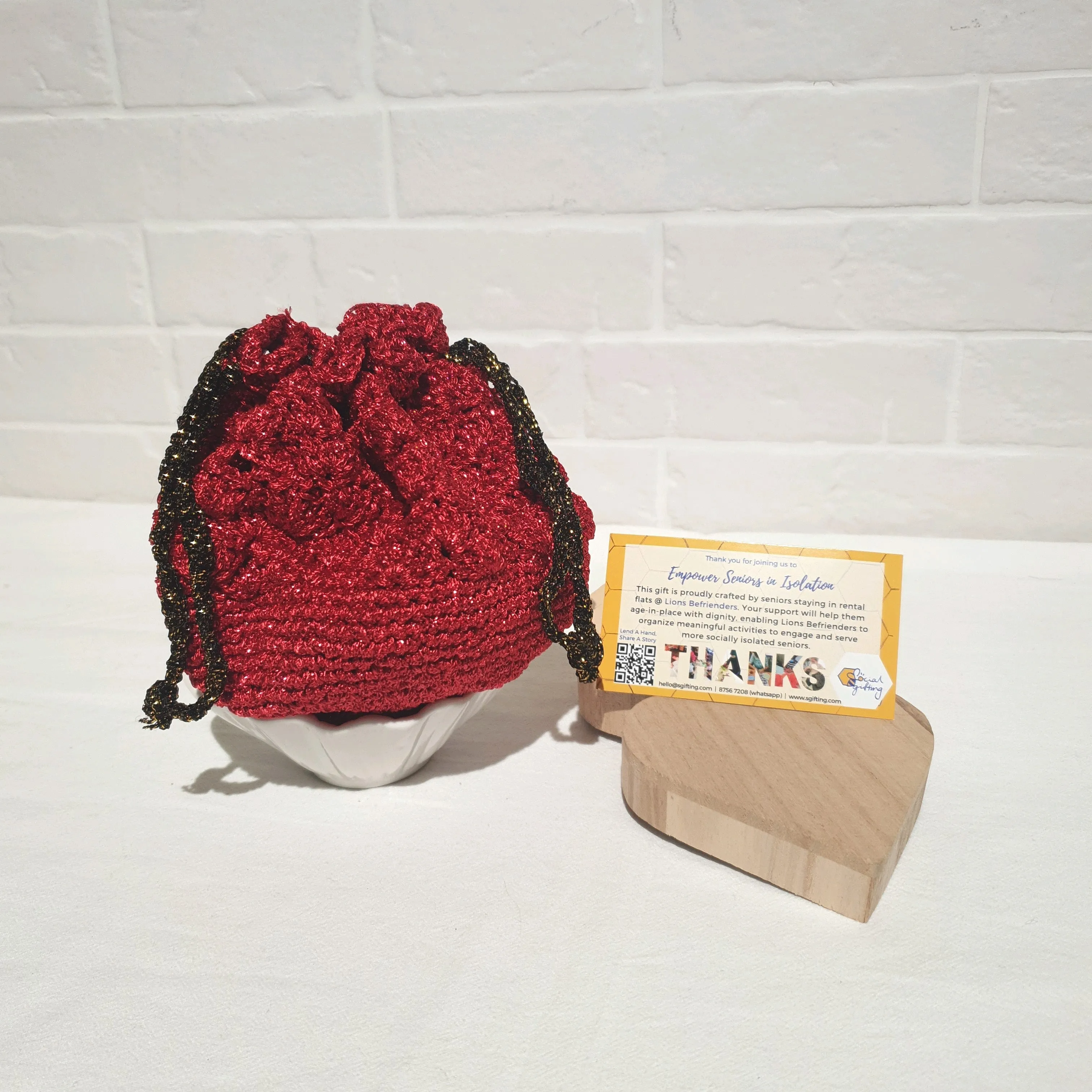 Hand Crocheted Drawstring Pouch (Red)