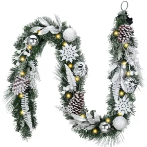 modern Valery Madelyn 6 ft Pre-Lit Christmas Garland Silver Blue Lighted Garland with Bow & Blue Flower & Colorful Ornament Perfect Xmas Holiday Gift for Front Door Mantel Table Top Decoration Silver White Garland