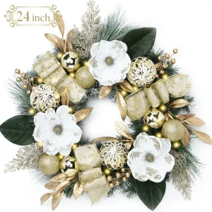 premium Valery Madelyn 6 ft Pre-Lit Christmas Garland Silver Blue Lighted Garland with Bow & Blue Flower & Colorful Ornament Perfect Xmas Holiday Gift for Front Door Mantel Table Top Decoration White Gold Wreath