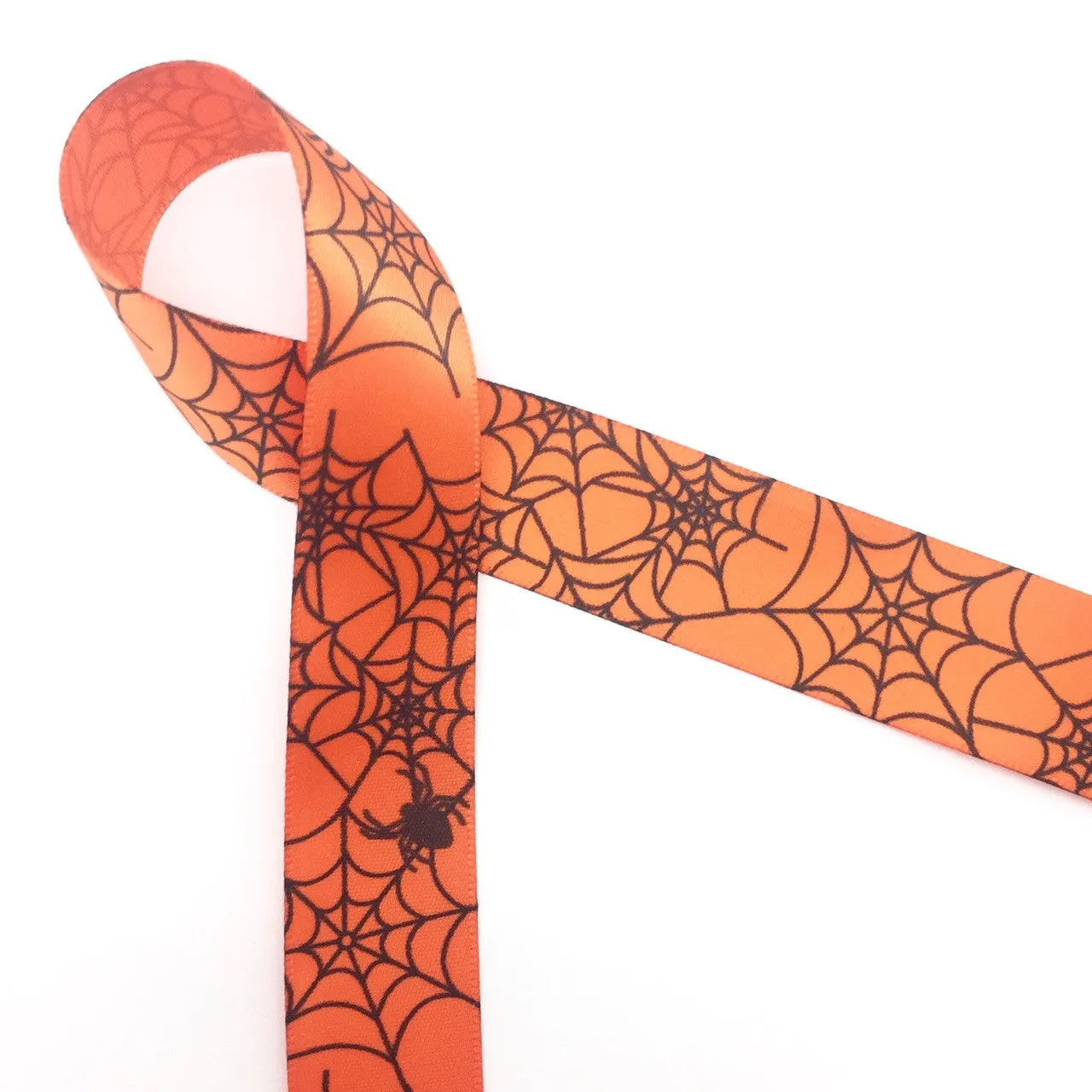 Spider Web Ribbon and Spiders in black on 7/8" orange, purple and pink single face satin