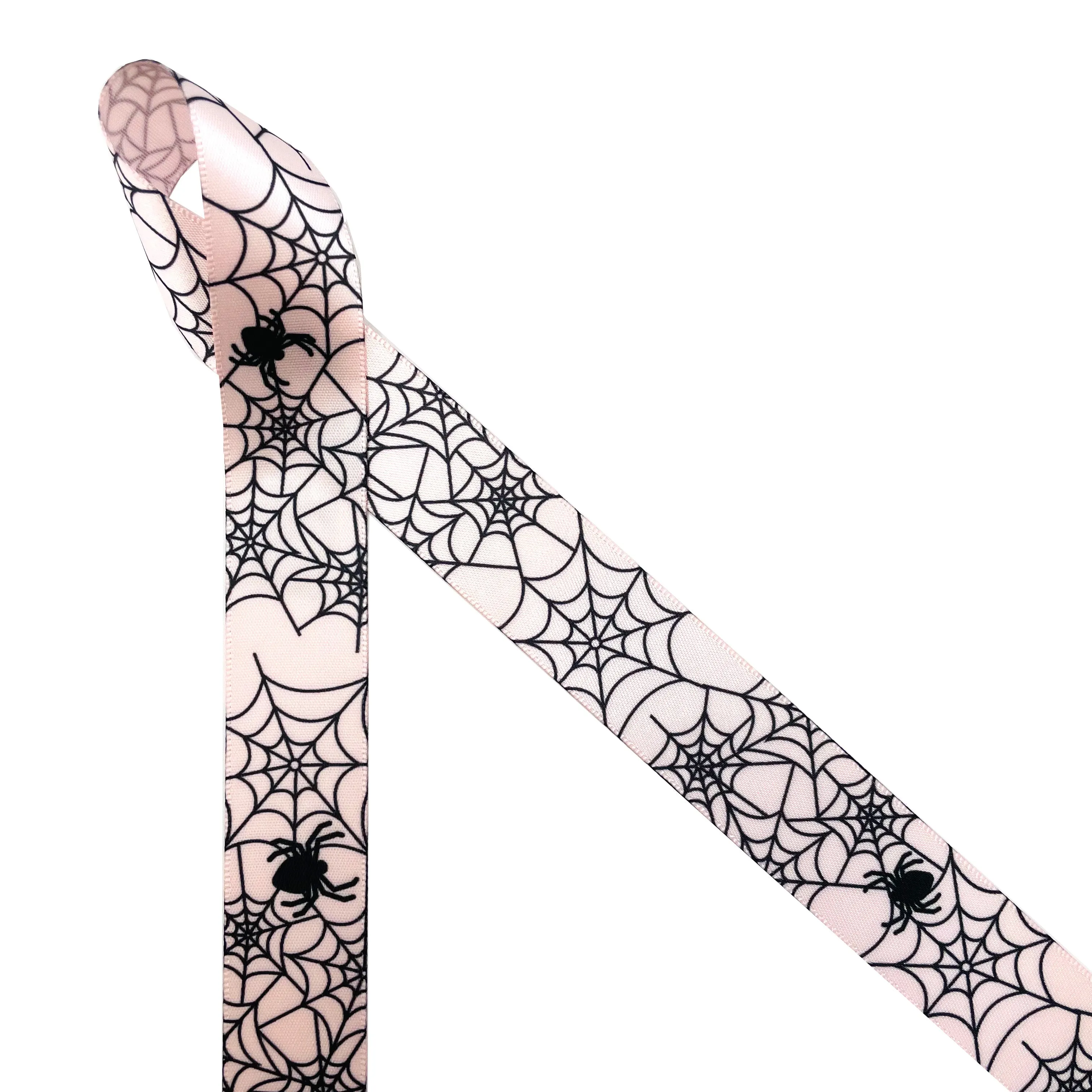 Spider Web Ribbon and Spiders in black on 7/8" orange, purple and pink single face satin