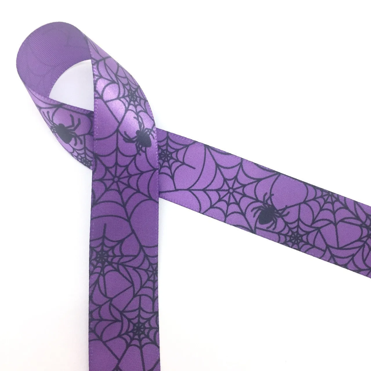 Spider Web Ribbon and Spiders in black on 7/8" orange, purple and pink single face satin