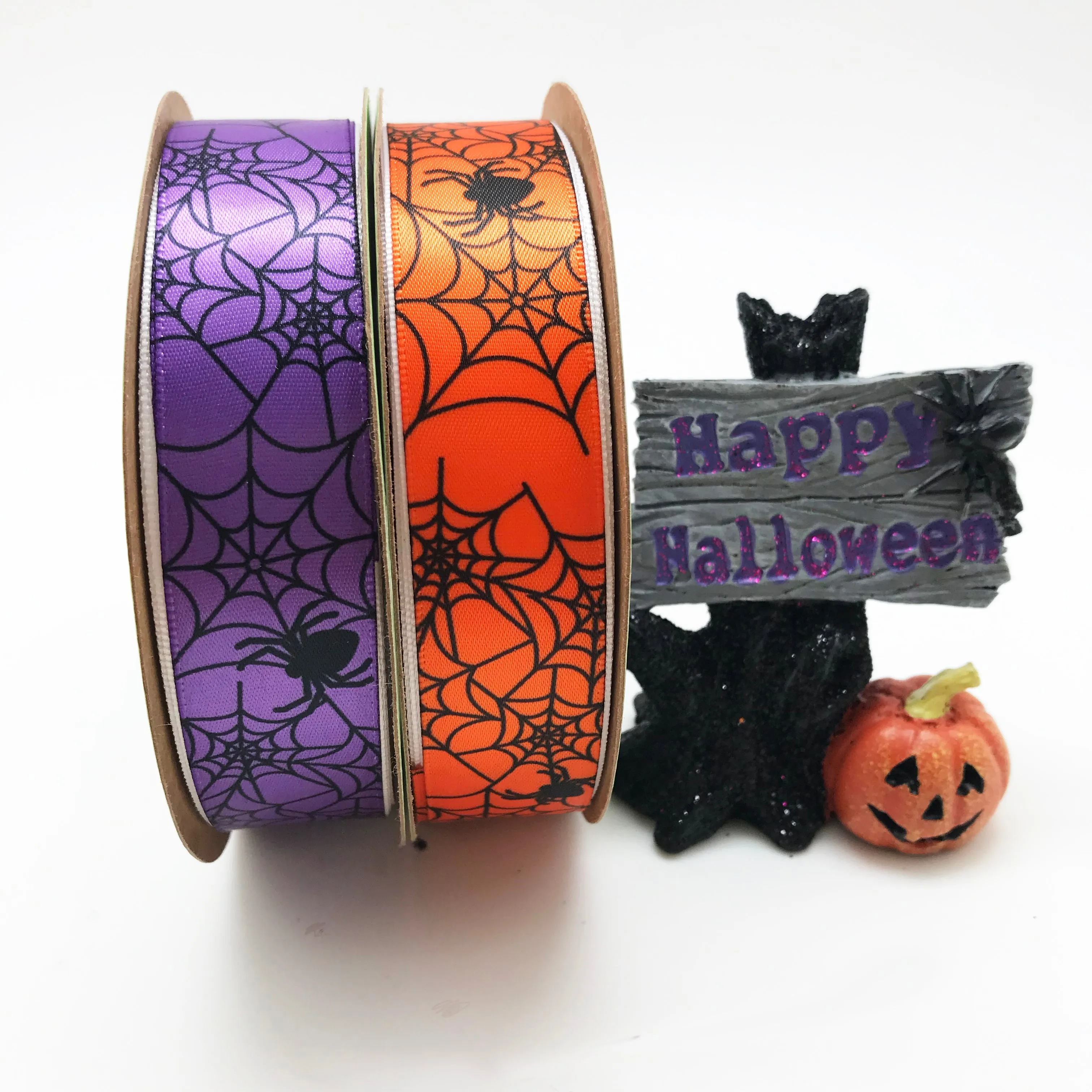 Spider Web Ribbon and Spiders in black on 7/8" orange, purple and pink single face satin