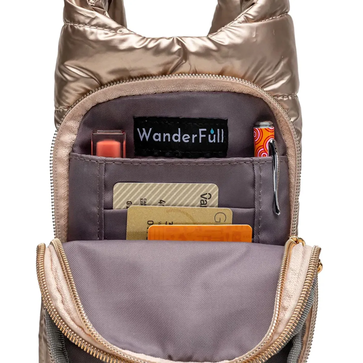 Wanderfull Water Bottle Bag Silver Metallic & Striped Strap Carrier Puffer Tote Quilted Handbag Sling Crossbody