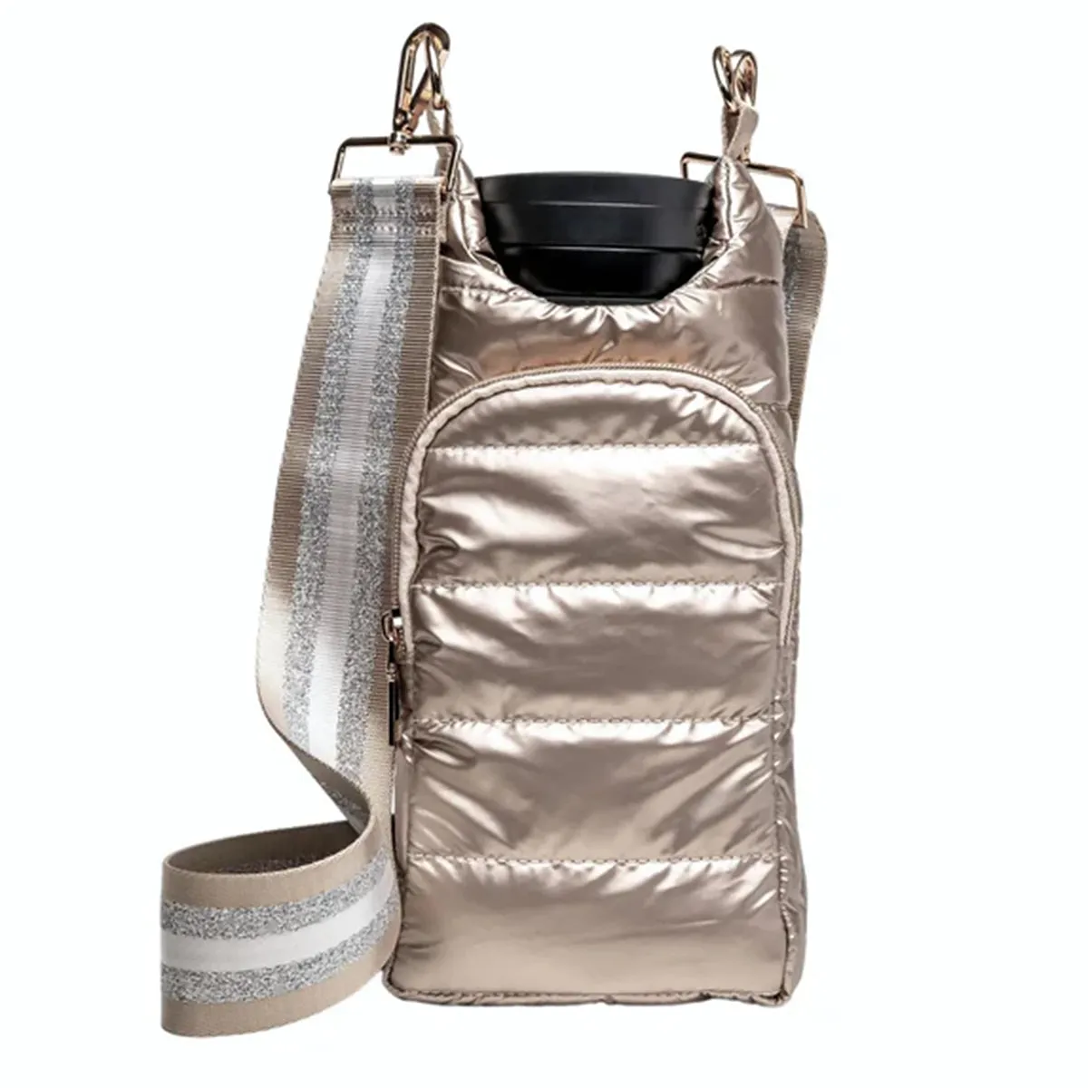 Wanderfull Water Bottle Bag Silver Metallic & Striped Strap Carrier Puffer Tote Quilted Handbag Sling Crossbody