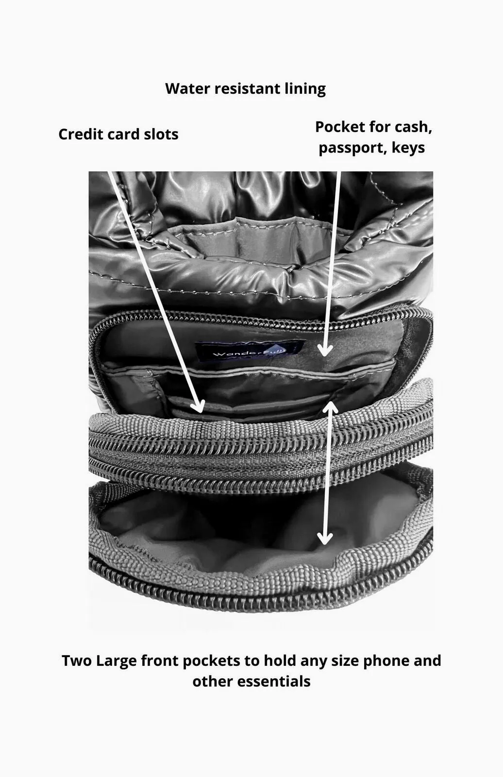 Wanderfull Water Bottle Bag Silver Metallic & Striped Strap Carrier Puffer Tote Quilted Handbag Sling Crossbody