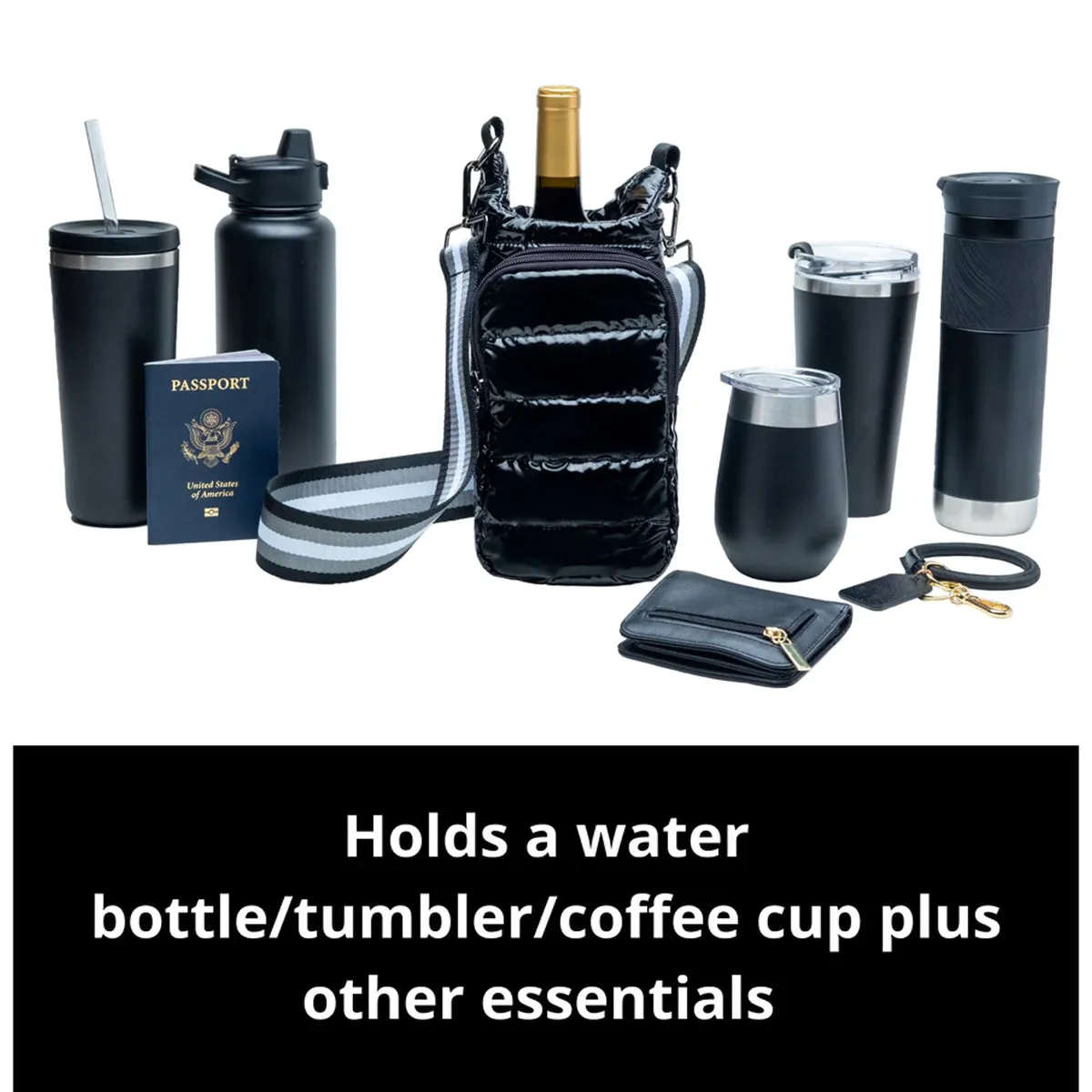 Wanderfull Water Bottle Bag Silver Metallic & Striped Strap Carrier Puffer Tote Quilted Handbag Sling Crossbody