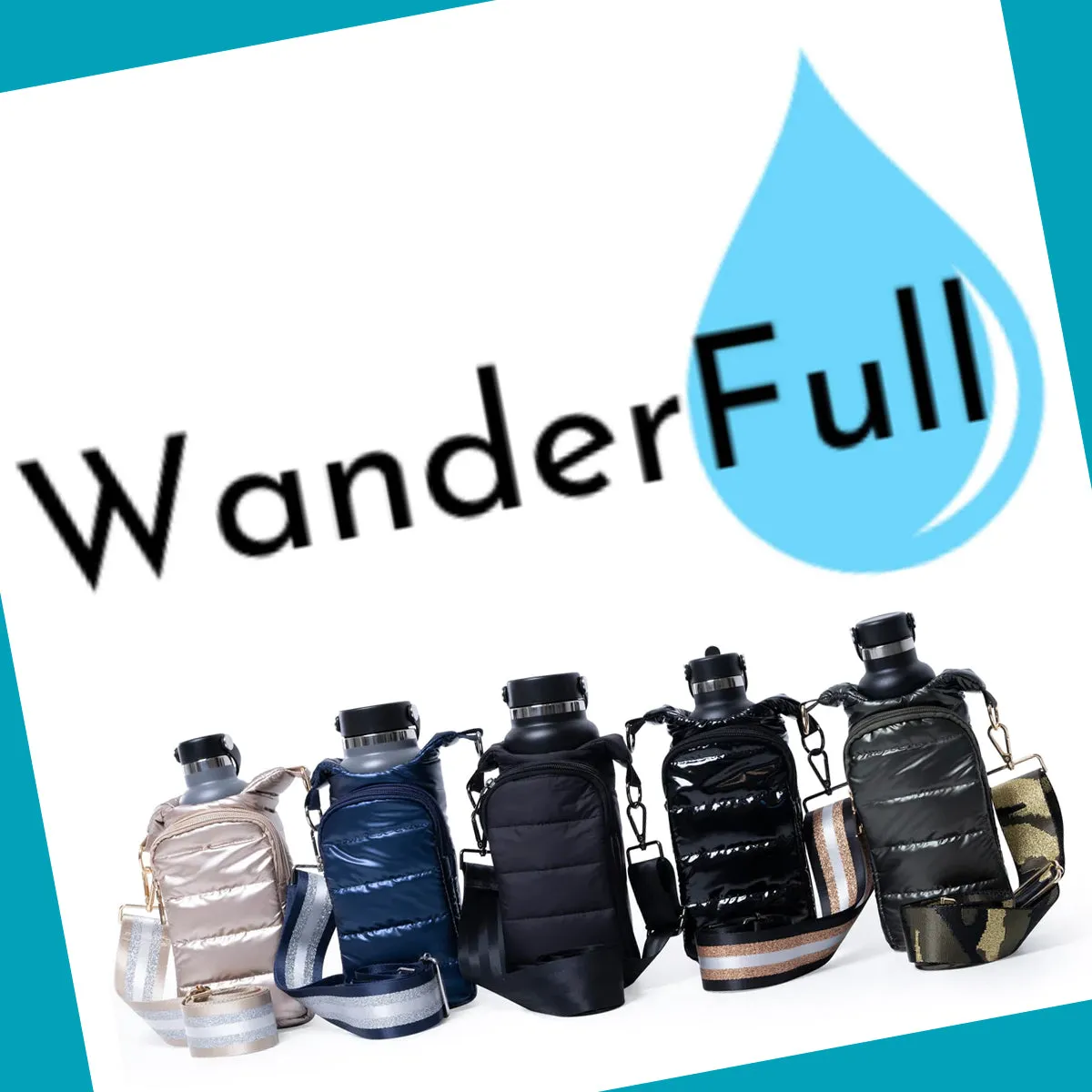 Wanderfull Water Bottle Bag Silver Metallic & Striped Strap Carrier Puffer Tote Quilted Handbag Sling Crossbody