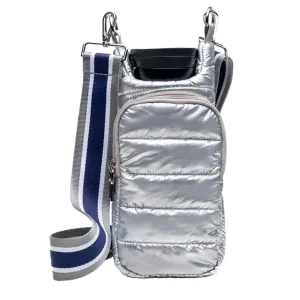 Wanderfull Water Bottle Bag Silver Metallic & Striped Strap Carrier Puffer Tote Quilted Handbag Sling Crossbody
