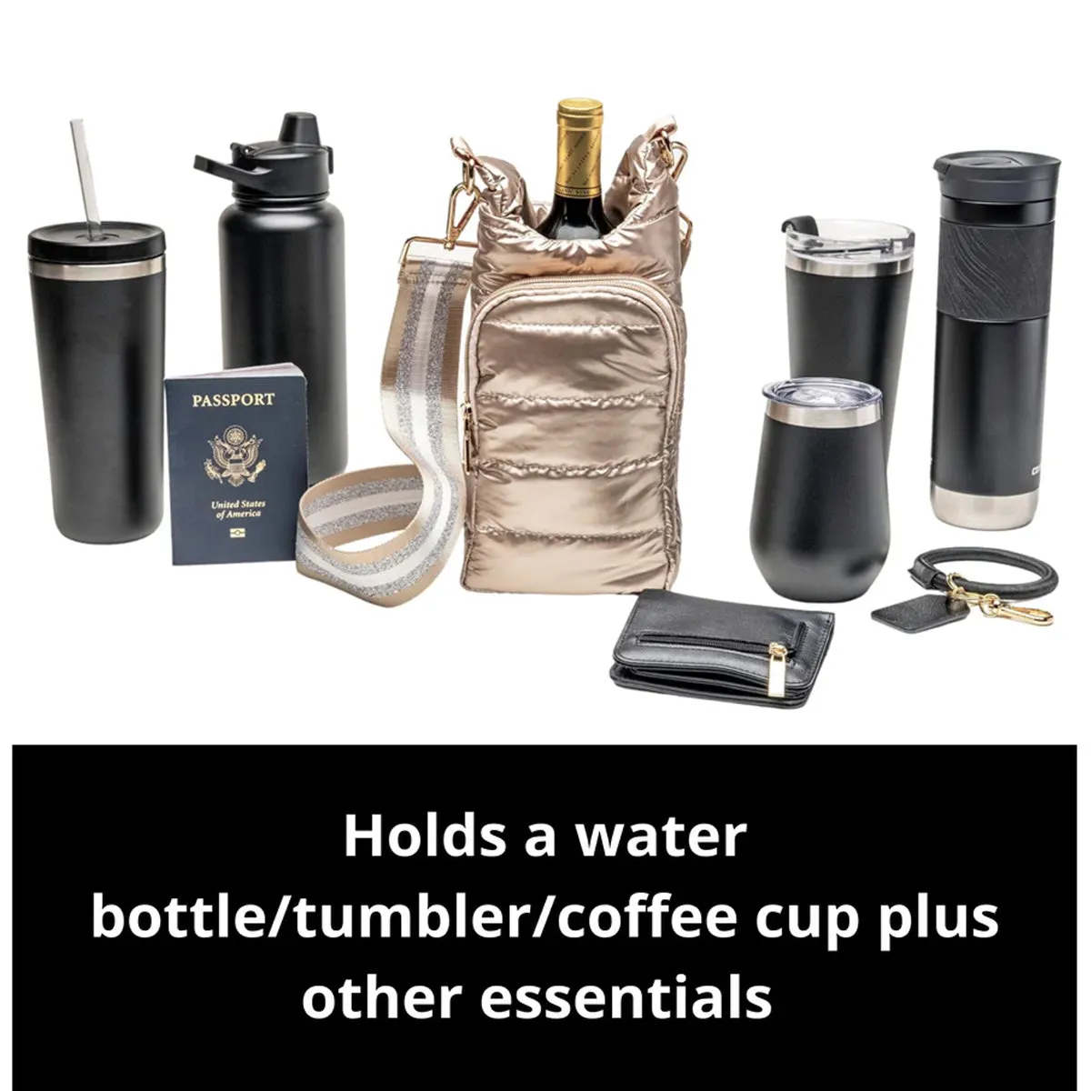 Wanderfull Water Bottle Bag Silver Metallic & Striped Strap Carrier Puffer Tote Quilted Handbag Sling Crossbody