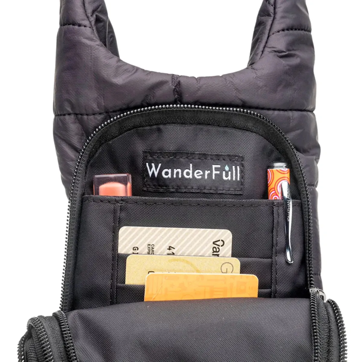 Wanderfull Water Bottle Bag Silver Metallic & Striped Strap Carrier Puffer Tote Quilted Handbag Sling Crossbody